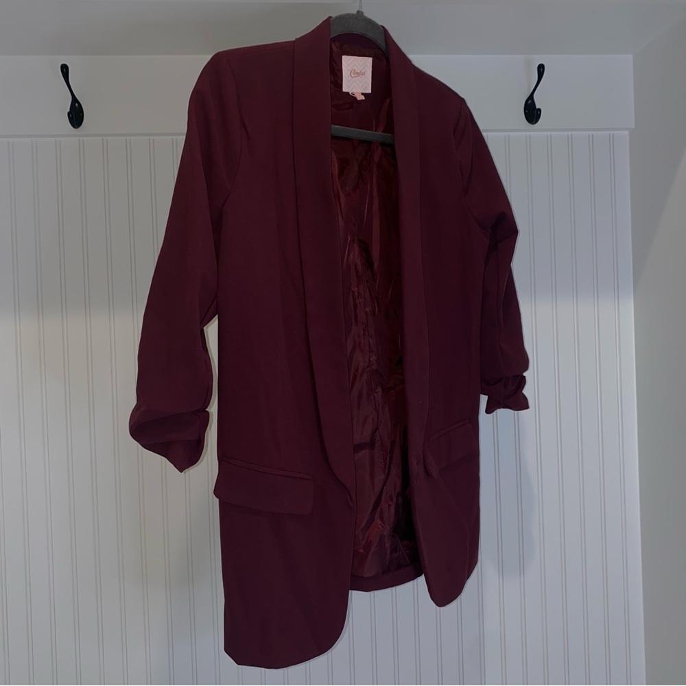 X-Small Maroon Long Line Blazer with Ruched 3/4 Sleeves